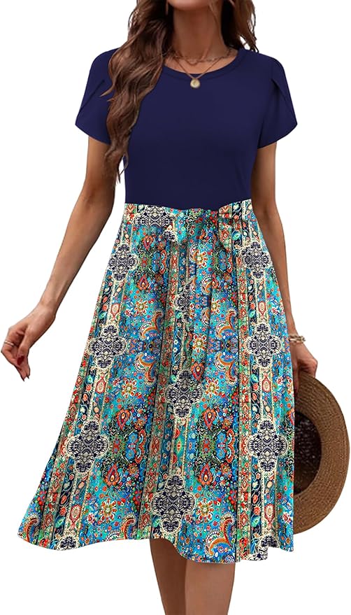 Zeagoo Womens Midi Dress Summer Short Sleeve Dress with Pockets 2025 Casual Floral T-Shirt Dress Flowy Beach Sundress