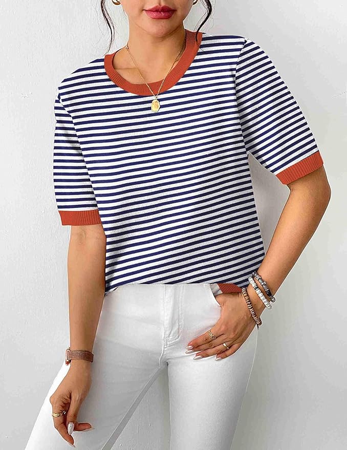 Zeagoo Womens Summer Short Sleeve Tops Crew Neck Lightweight Pullover Sweaters Loose Dressy Casual Blouse Basic Clothes
