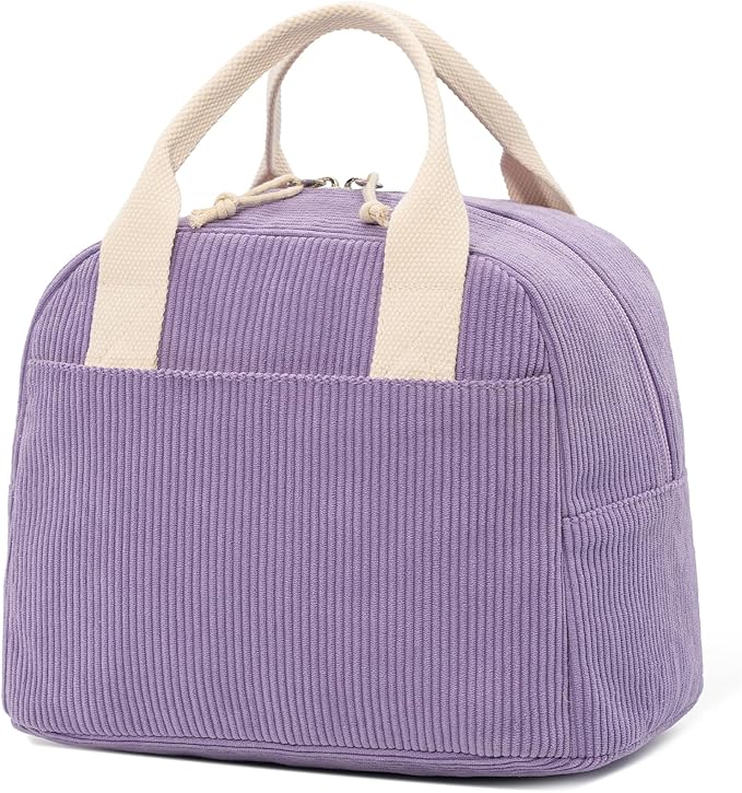 Insulated Purple Haze Lunch Bag for Women, Stylish Corduroy Tote with Aluminum Lining, Large Capacity Reusable Cooler for Work, Travel, or Beach, Beige Cream Water-Resistant Lunch Box