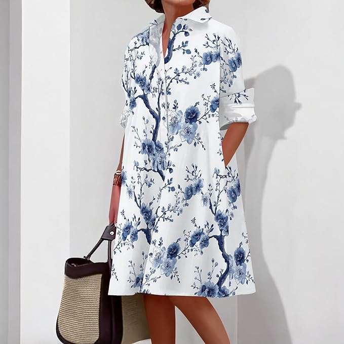 Shirt Dresses for Women 2025 Summer Long Sleeve Casual Plus Size Floral Printed Beach Vacation Dress with Pockets