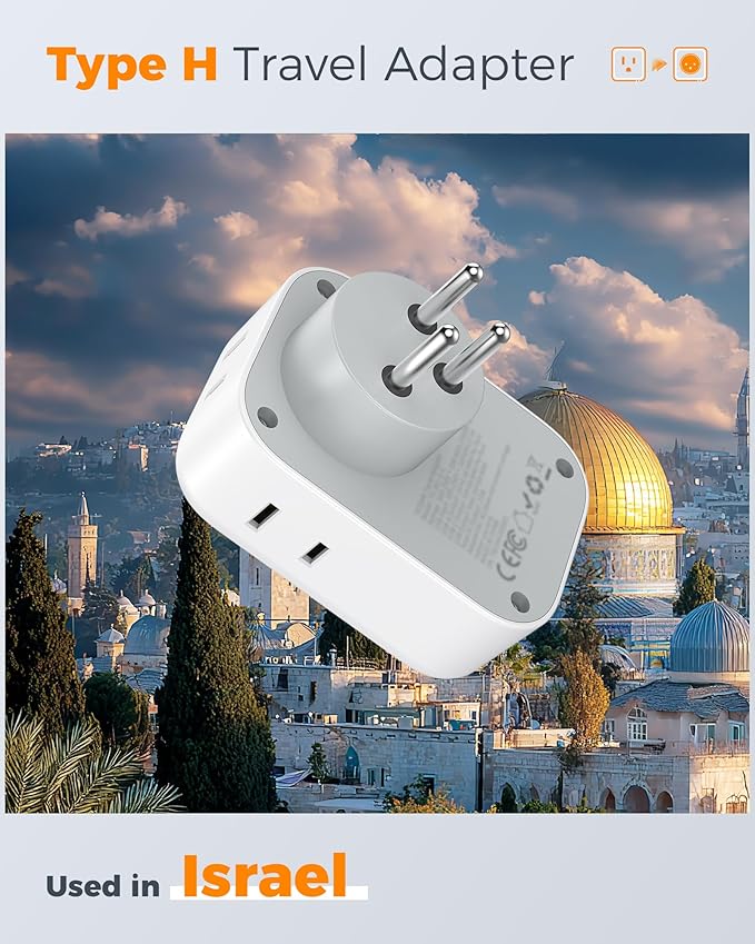 TESSAN Israel Adapter Plug 2 Pack, 7 in 1 US to Israel Power Adapter with 3 USB Ports (1 USB C Port) 4 American Outlets, Type H Travel Adaptor for USA to Jerusalem