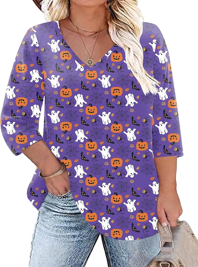 TFSDOD Womens Plus Size Tops V Neck T Shirts 3/4 Sleeve Blouse Summer Casual Tees XL-5X