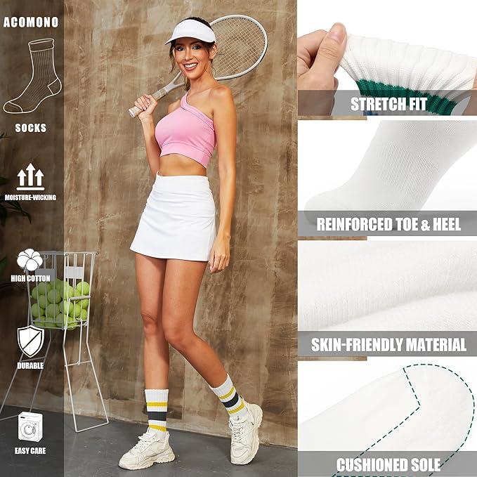 Acomono Retro Striped Slouchy Crew Socks for Men & Women 3 Pairs Cotton Athletic Tube Cushioned Calf Tennis Socks Size 5–11