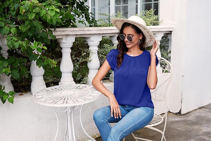 TASAMO Women's Casual Round Neck Basic Pleated Top Cap Sleeve Curved Keyhole Back Chiffon Blouse