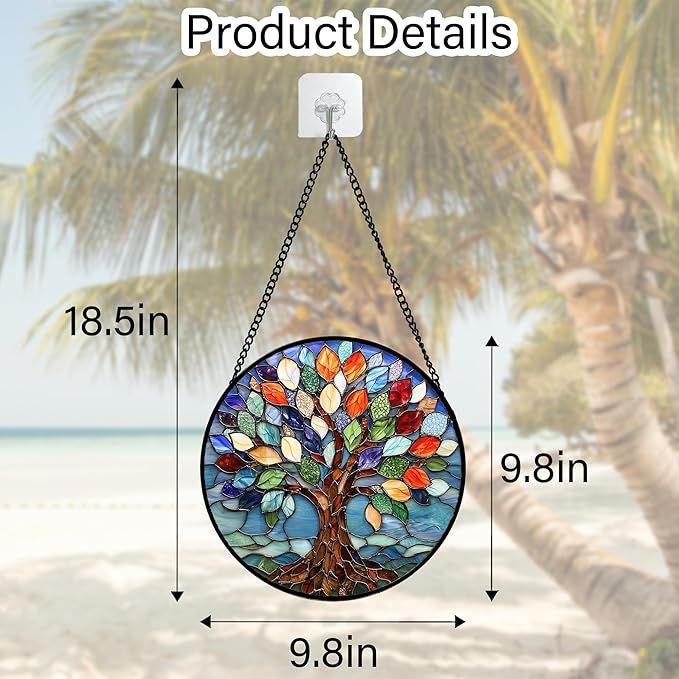 Stained Glass Window Hanging, Colorful Tree of Life Sun Catchers Glass Panel Blue Suncatcher Decor for Birthday for Women, Men, Wife, Aunt, and Mom 9.8 in