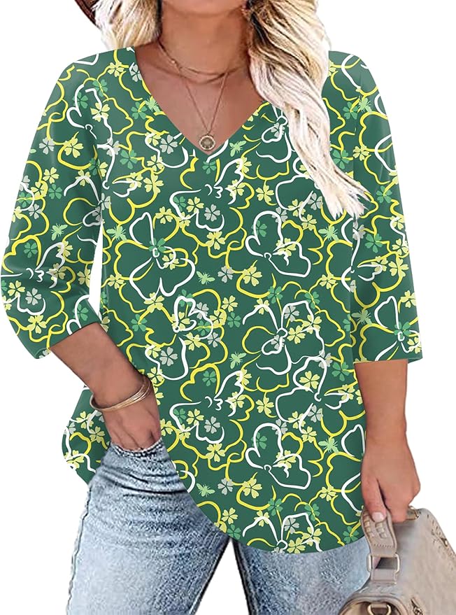 TFSDOD Womens Plus Size Tops V Neck T Shirts 3/4 Sleeve Blouse Summer Casual Tees XL-5X