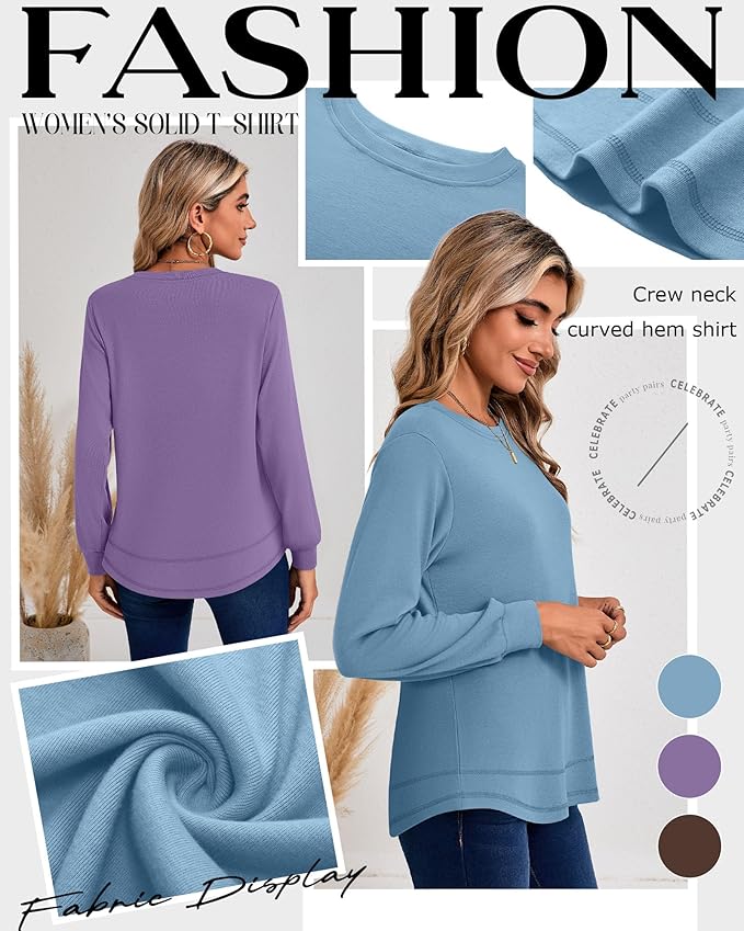 Ficerd 3 Pack Women's Long Sleeve Shirts, Cotton Crew Neck Tunic Tops Casual Loose Fit Pullover Sweatshirts Curved Hem Shirts