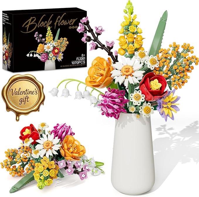 Flowers Bouquet Building Set, 1070PCS Wildflower Botanical Collection, Artificial Plant Flower Kit Toy for Adults Kids Women Her, Home Decor Gift for Birthday, Christmas, Valentines(No Vase)