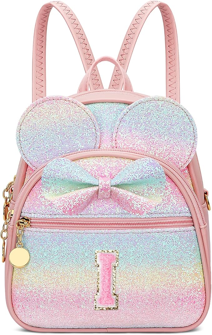 KKXIU Initial Bowknot Mini Backpacks for Girls Women, Small Cute Backpack Purse, Personalized Valentines Day Gifts for Toddler, Kids and Teen Girls(I, Rainbow)
