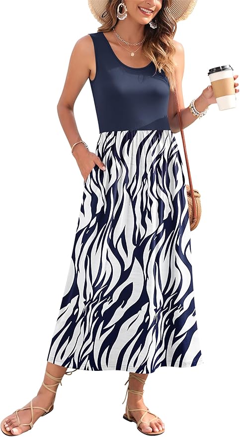 WNEEDU Women's Summer Maxi Dress 2026 Casual Sleeveless Hawaiian Sundress Tropical Long Dress Beach Vacation Outfit