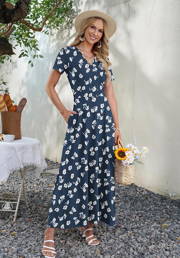AUSELILY Maxi Dresses for Women Ankle Length Floral Print Beach Long Flowy Dress with Pockets
