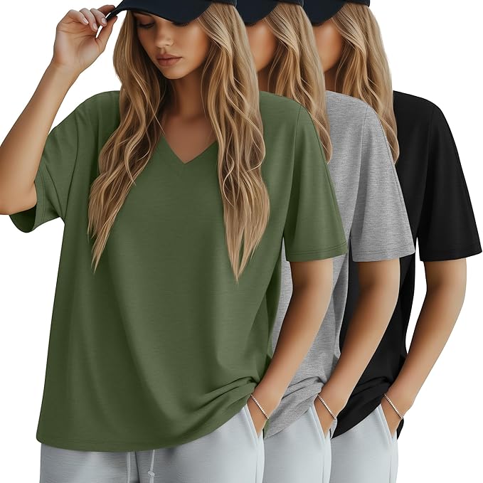 Huukeay Women's Cotton Oversized T Shirts 3 Pack V Neck Loose Fit Half Sleeve Tops Baggy Casual Summer Gym Workout Tees 2026