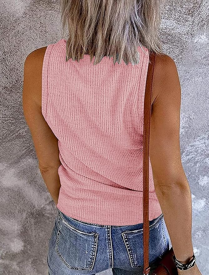 MEROKEETY Women's 2026 Summer Sleeveless Tank Tops V Neck Ribbed Dressy Casual Henley Shirts Button Loose Cami Tees