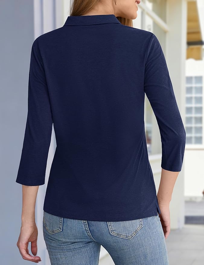 YUCOLEN Polo Shirts for Women 3/4 Sleeve Tops Golf Tees 5-Button Collared Cotton Shirt Business Casual