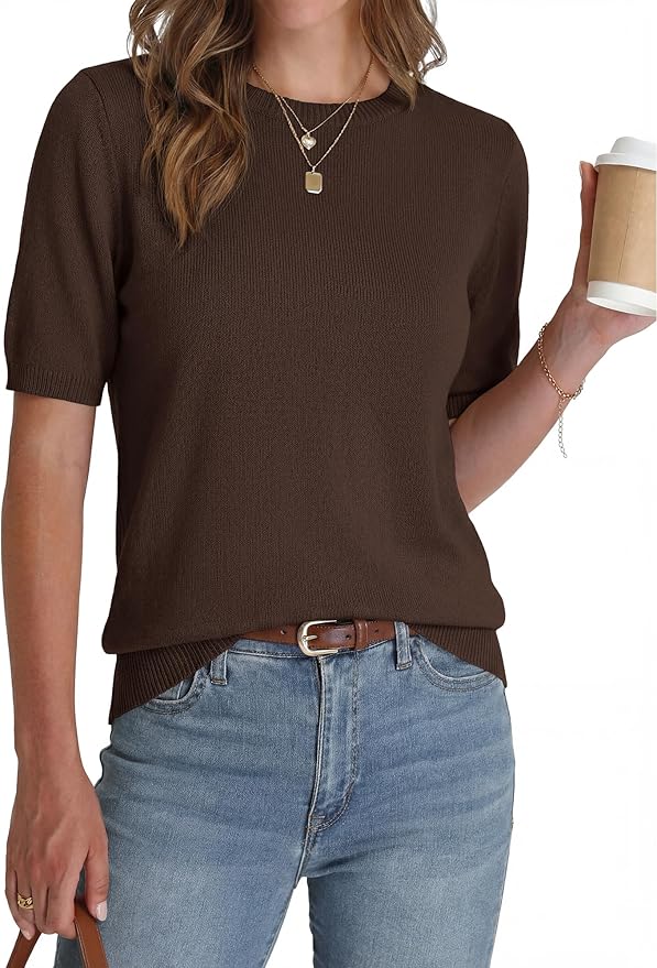 BTFBM Short Sleeve Sweater for Women Spring Tops Crew Neck Lightweight Pullover Loose Dressy Casual Blouse Basic Clothes