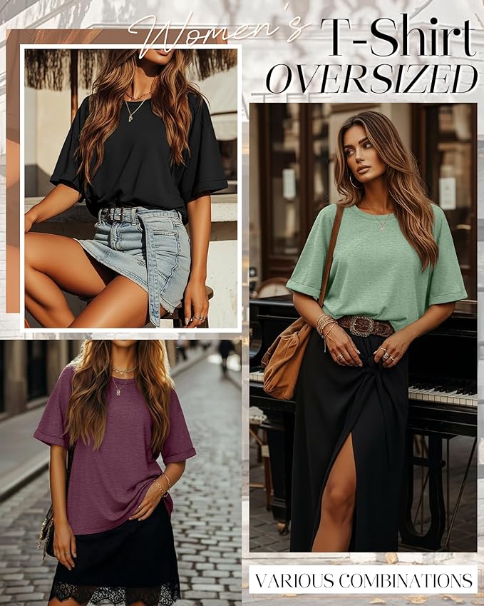 Riyiper 3 Pack Women's Oversized T-Shirt Half Sleeve Summer Tees Casual Loose Fit Crew Neck Basic Tops