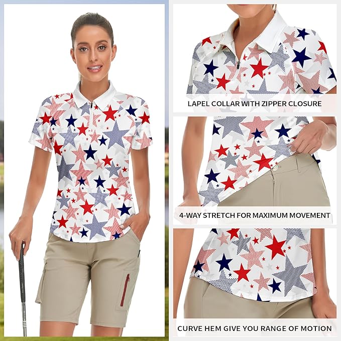Women's Golf Shirt Short Sleeve Tennis Shirt Quarter Zip Golf Pullover Golf Polo Shirts Argyle Tops