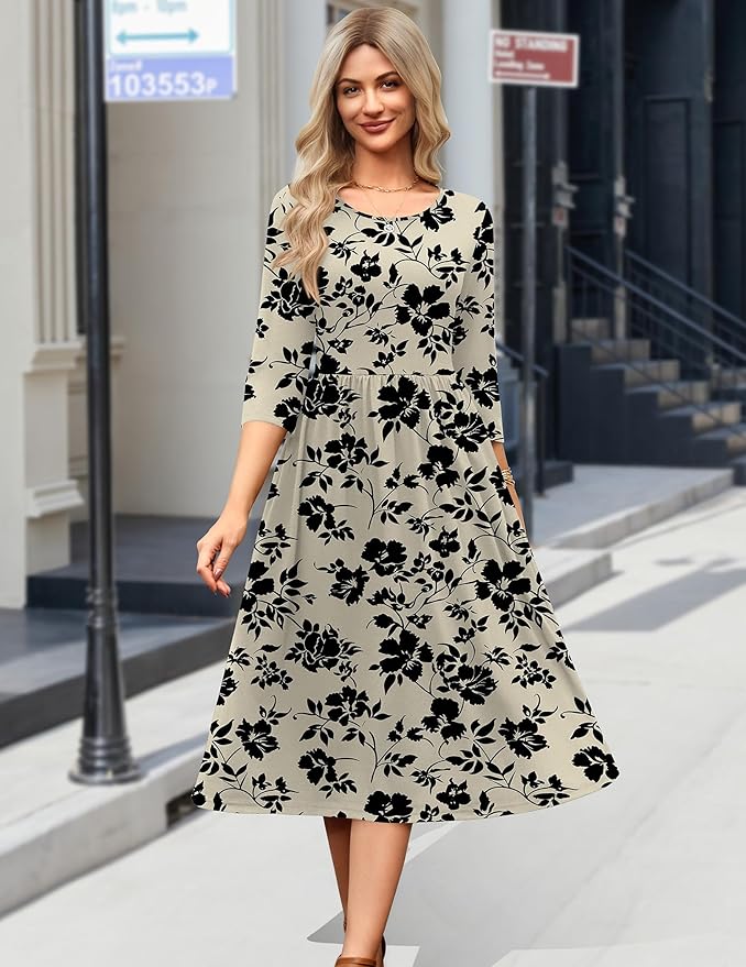Zeagoo 3/4 Sleeve Women's Dress Casual Flowy A-Line Midi Tshirt Dresses with Pockets Crewneck Vocation Boho Beach Sundress