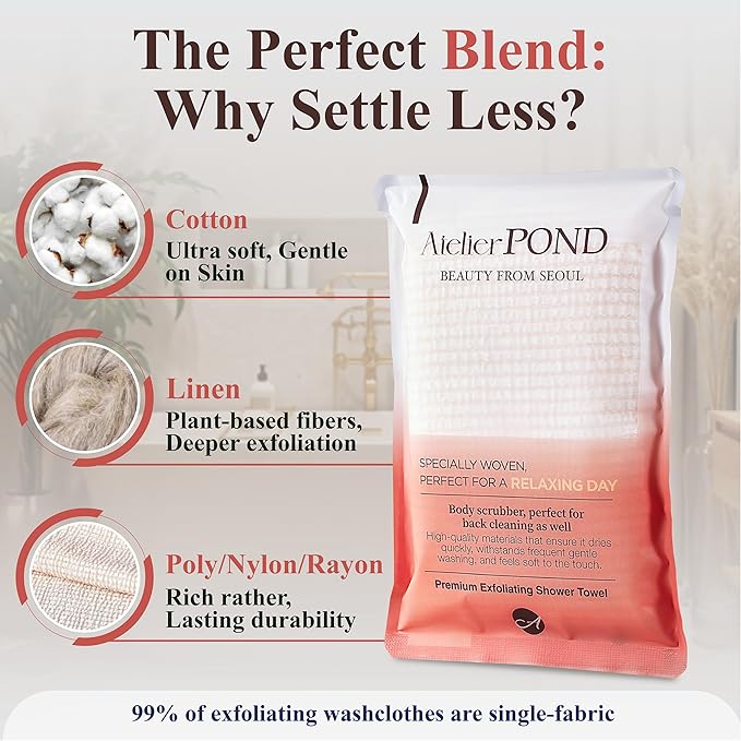atelier POND Korean Exfoliating Washcloth– Soft Cotton-Blend Exfoliating Shower Towel for Sensitive Skin, Extra-Long Back Scrubber (Soft Orange)
