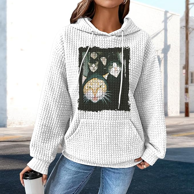 domirica Pullover Sweatshirts For Women Drawstring Long Sleeve Waffle Sweatshirt With Pocket Vintage Street Wear Qutfits