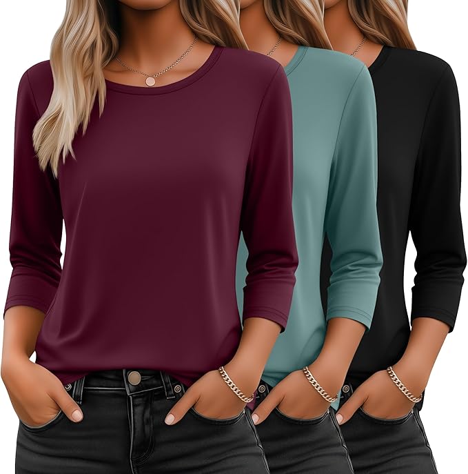 Ficerd 3 Pack 3/4 Sleeve Tops for Women Round Neck Dressy Basics Tees Casual Trendy Loose Fit T Shirts