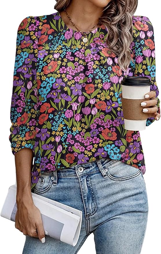 Samefar Womens Tops Dressy Casual Pleated Crew Neck Long Sleeve Shirts Office Work Chiffon Blouses