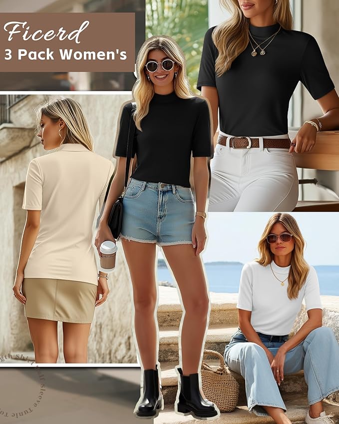 Ficerd 3 Pack Women's 1/2 Sleeve Mock Turtleneck Shirts, Elbow Length Shirt Half Sleeve Tunic Top Casual Summer Basic Tees