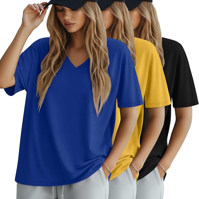 Huukeay Women's Cotton Oversized T Shirts 3 Pack V Neck Loose Fit Half Sleeve Tops Baggy Casual Summer Gym Workout Tees 2026