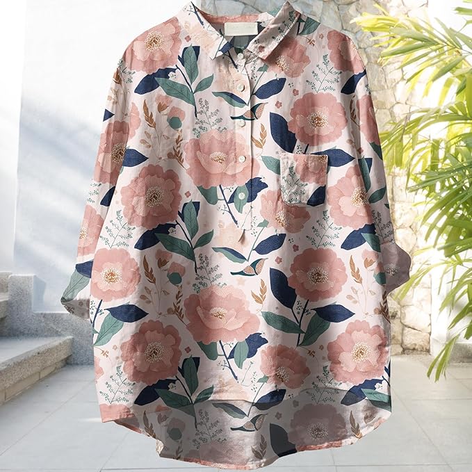 Womens Boho Tops 3/4 Long Sleeve Floral Blouses Hawaii Beach Button Down Shirts V Neck Pullover Casual Tunics