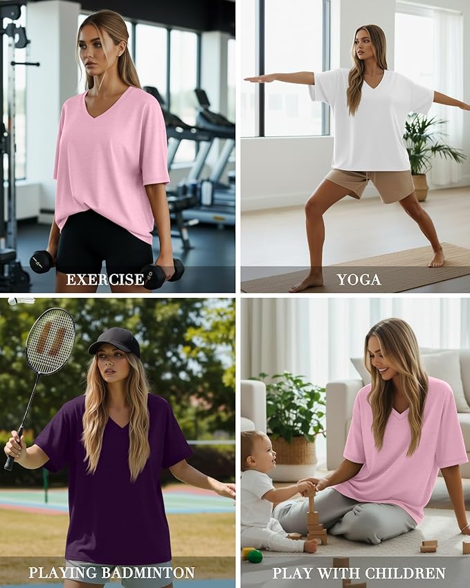 Huukeay Women's Cotton Oversized T Shirts 3 Pack V Neck Loose Fit Half Sleeve Tops Baggy Casual Summer Gym Workout Tees 2026
