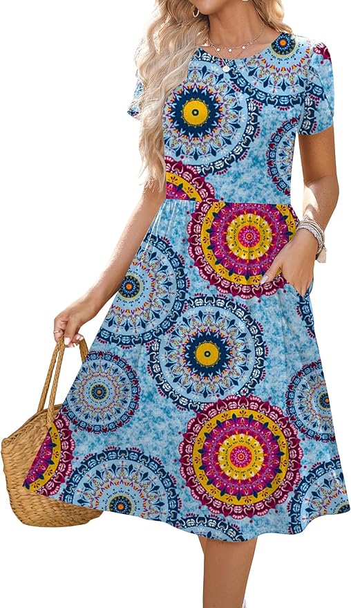 HOTOUCH Women's Summer A-Line Midi Dresses 2026 Casual Floral Short Sleeve T-Shirt Dress Flowy Beach Sundress with Pockets