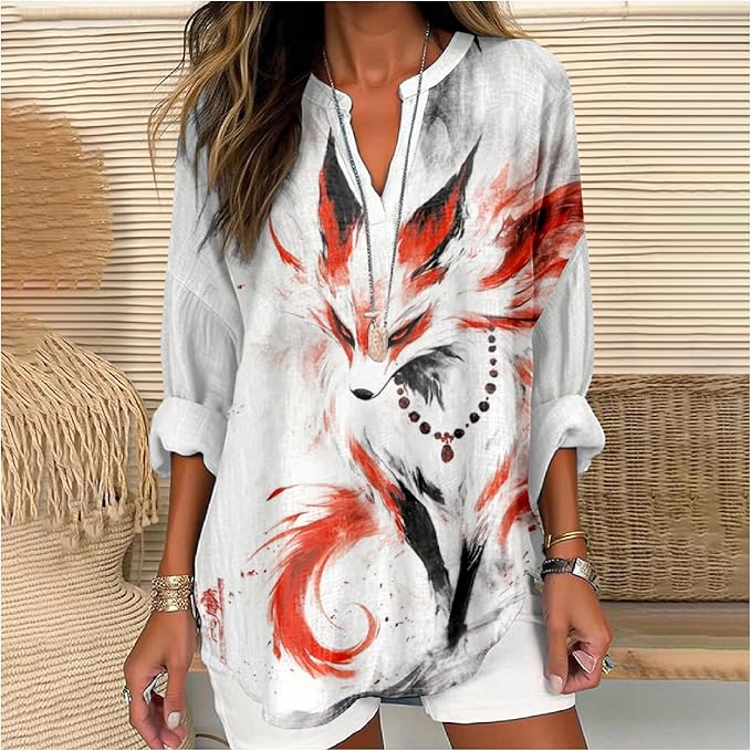 MARSVOVO V Neck Shirt For Women Boho Multi Style Blouse Long Sleeve Novelty Graphic Plus Size Pullover Tops For Women