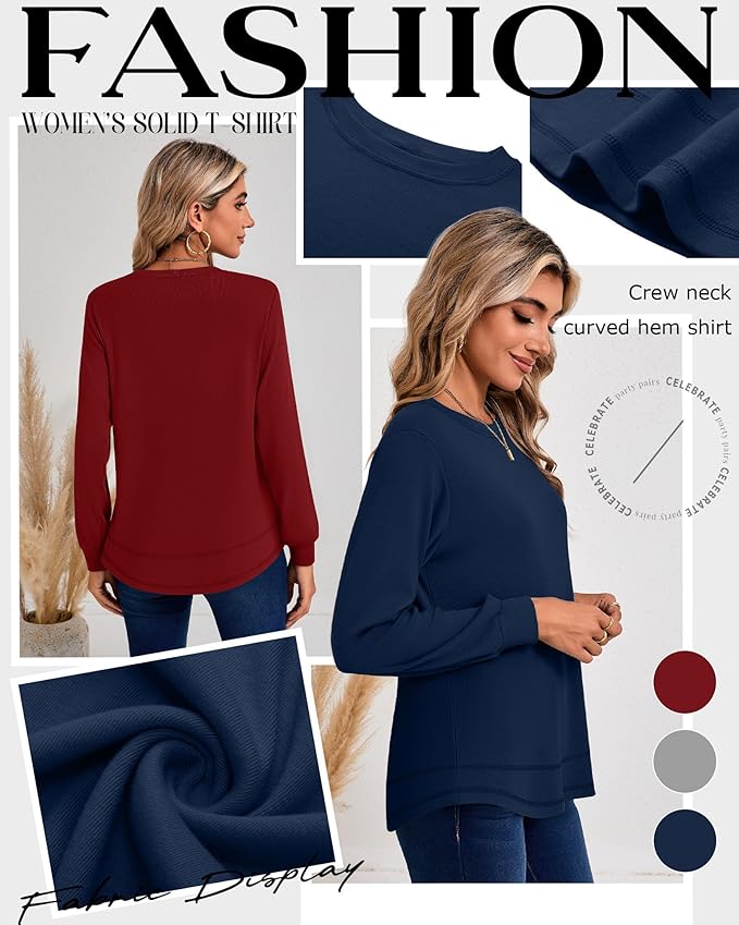 Ficerd 3 Pack Women's Long Sleeve Shirts, Cotton Crew Neck Tunic Tops Casual Loose Fit Pullover Sweatshirts Curved Hem Shirts
