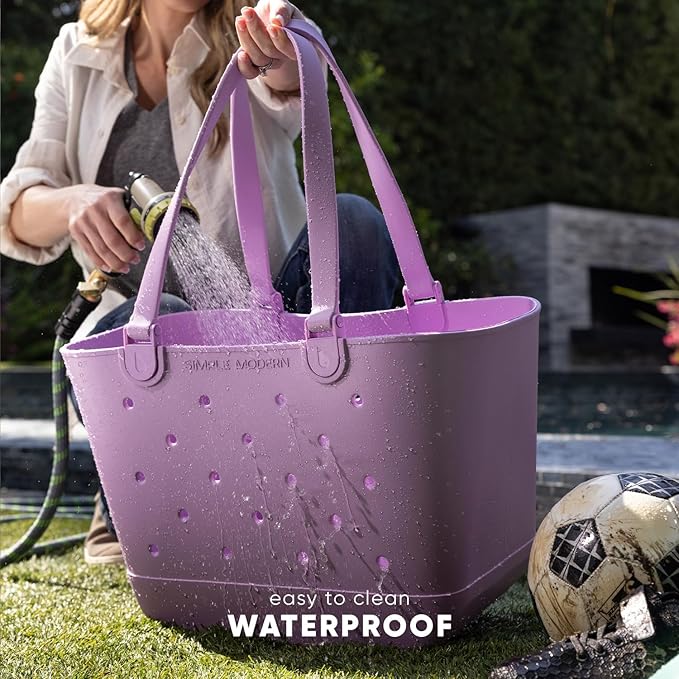 Simple Modern Large Beach Bag | Waterproof Getaway Rubber Tote with Zipper Pocket for Travel, Pool, Boat, Groceries, Sports | English Violet