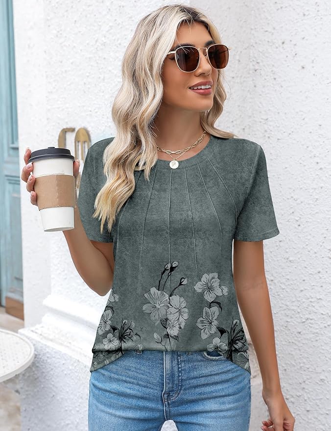 Kistore Womens Casual Crew Neck Short Sleeve Pleated Tops Blouses Fashion Clothes 2026