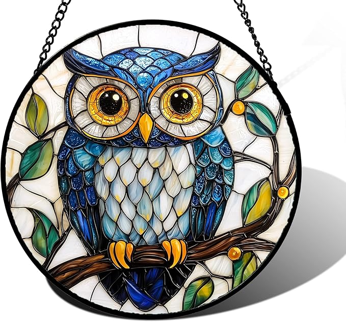 Stained Glass Window Hanging, Owl Gifts for Women Sun Catchers Diamond Glass Panel Hangings Birds Suncatcher Decor for Birthday for Women, Men, Wife, Aunt, and Mom 9.8 in