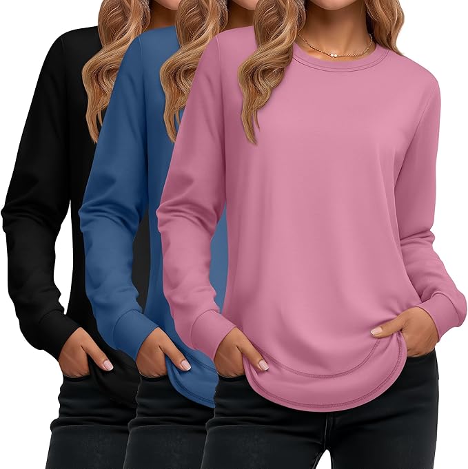 Ficerd 3 Pack Women's Long Sleeve Shirts, Cotton Crew Neck Tunic Tops Casual Loose Fit Pullover Sweatshirts Curved Hem Shirts