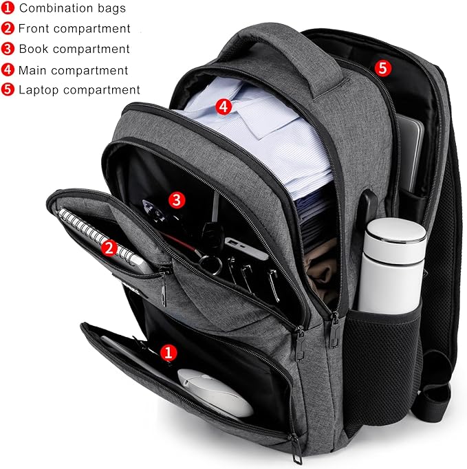 RJEU School Backpack for Teens & College Students - 17.3 Inch Laptop Backpack with USB Charging Port, Water Resistant Travel Bookbag for Men, Women, Business & University, Grey