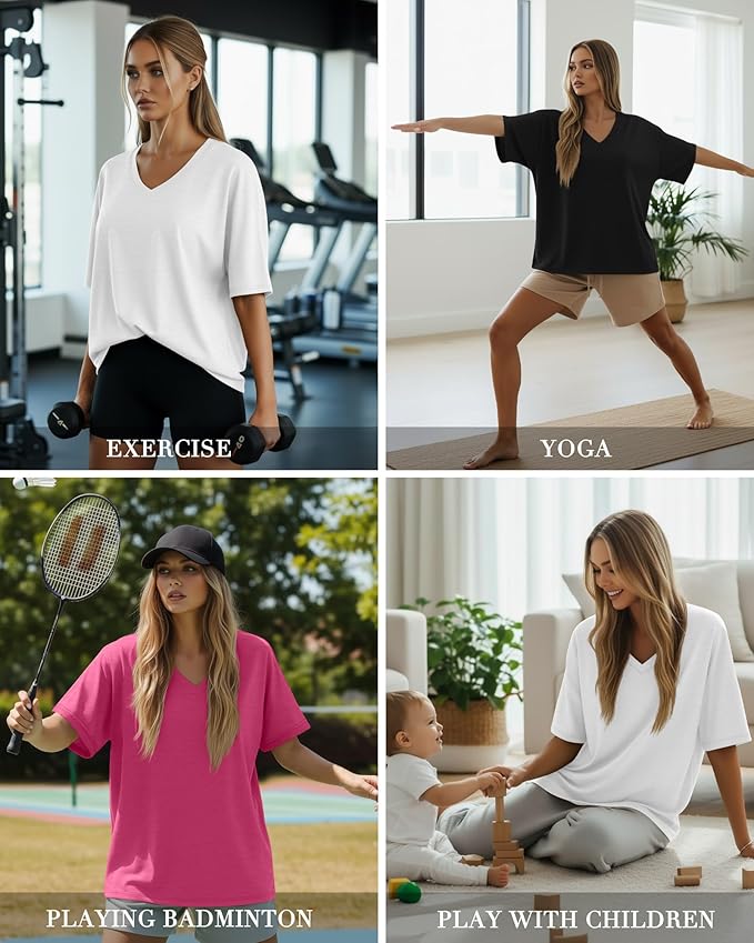 Huukeay Women's Cotton Oversized T Shirts 3 Pack V Neck Loose Fit Half Sleeve Tops Baggy Casual Summer Gym Workout Tees 2026