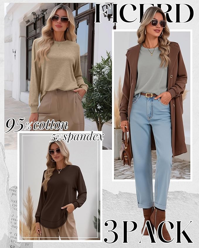 Ficerd 3 Pack Women's Long Sleeve Shirts, Cotton Crew Neck Tunic Tops Casual Loose Fit Pullover Sweatshirts Curved Hem Shirts