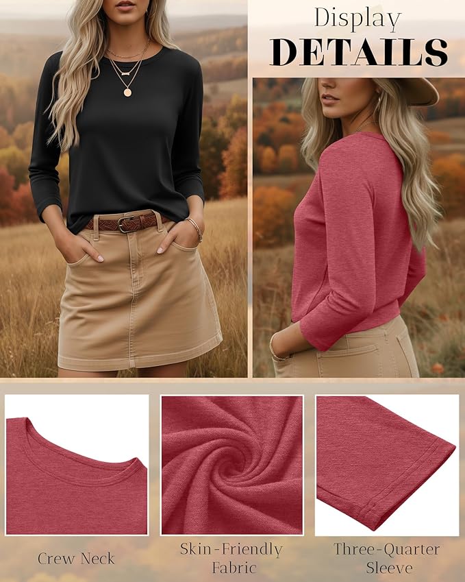 Ficerd 3 Pack 3/4 Sleeve Tops for Women Round Neck Dressy Basics Tees Casual Trendy Loose Fit T Shirts