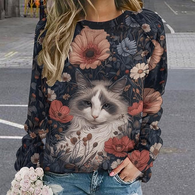 Spatofa Womens novelty funny cat printed crewneck sweatshirt casual loose long sleeve graphic pullover sweatshirts tops