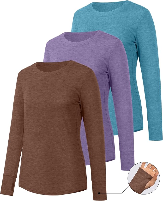 Huukeay 3 Pack Women's Long Sleeve Shirts with Thumb Holes, Cotton Casual Crew Neck Tunic Tops Fall Loose Y2k Trendy Outfits