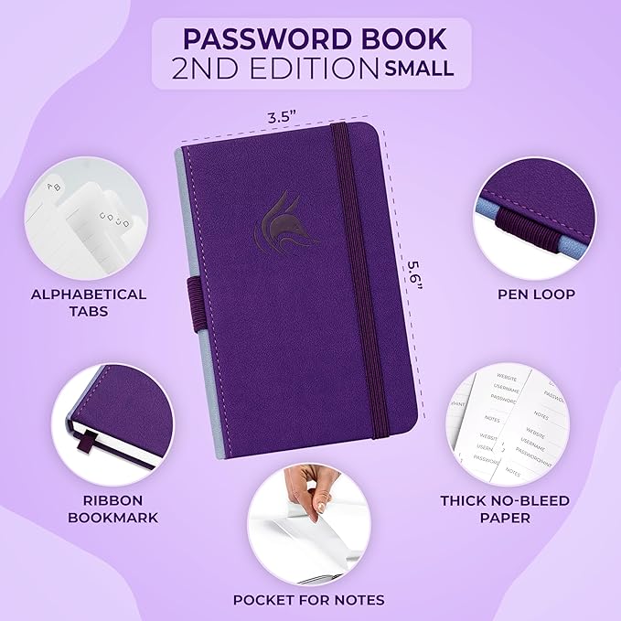 Clever Fox Password Book 2nd Edition Small – Pocket Password Keeper with Alphabetical Tabs – Internet Address Notebook & Login Details Organizer Journal – 3.5x5.6” (Purple)