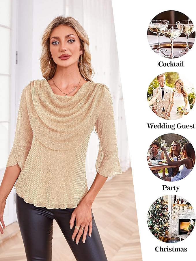Lotusmile Blouses for Women Dressy Casual 3/4 Sleeve Cowl Neck Sparkly Tops Cocktail Shirts for Evening Party