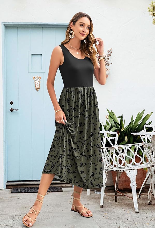WNEEDU Women's Summer Maxi Dress 2026 Casual Sleeveless Hawaiian Sundress Tropical Long Dress Beach Vacation Outfit