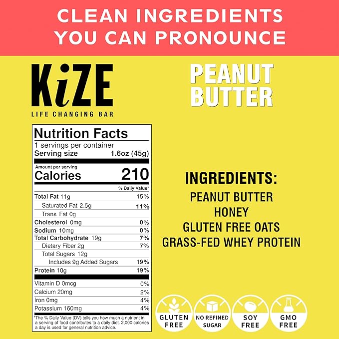 KiZE Energy Bars - Peanut Butter - 30-Count - Gluten Free, Non-GMO, and High Protein Meal Replacement Energy Bars, Clean and Simple Food Ingredients - 10g High Protein Snacks (30 Count)