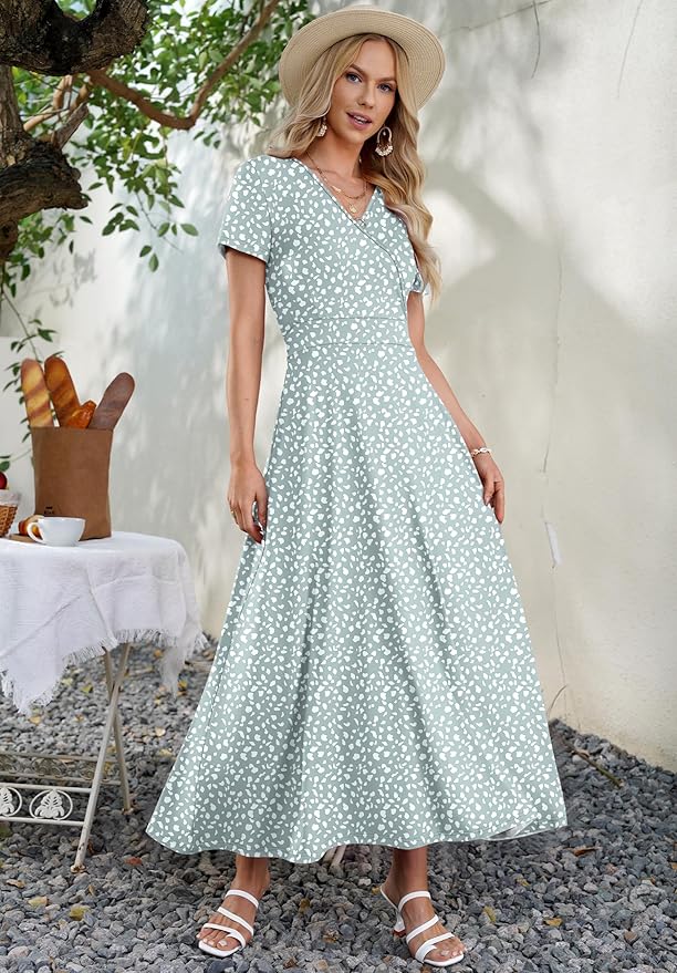 AUSELILY Maxi Dresses for Women Ankle Length Floral Print Beach Long Flowy Dress with Pockets
