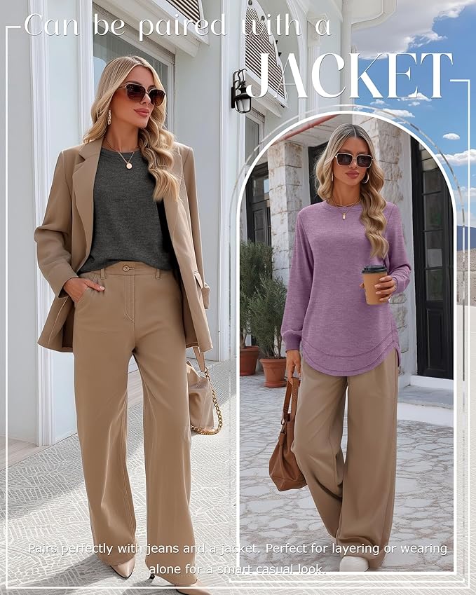 Ficerd 3 Pack Women's Long Sleeve Shirts, Cotton Crew Neck Tunic Tops Casual Loose Fit Pullover Sweatshirts Curved Hem Shirts