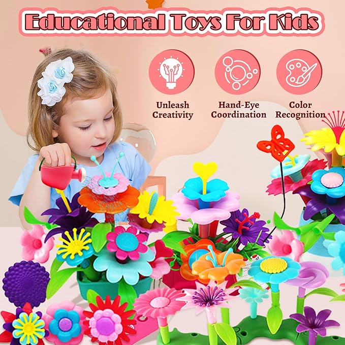 FUNZBO 99pcs Flower Garden Building Toys Set - Spring Toys for 3 4 5 6 7 8 9 Years Old Girls, STEM Montessori Educational Toys for Toddlers Kids,Sorting & Stacking Toy for Birthday Gifts